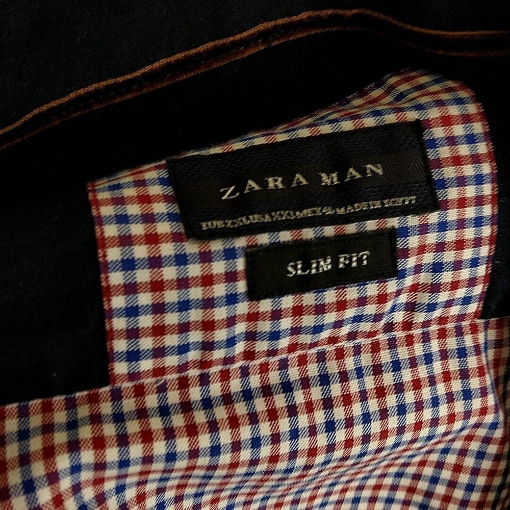 Zara Mens XXL Shirt Slim Fit Blue Red Checked Button Front Casual Dress Long Slv - Picture 8 of 9